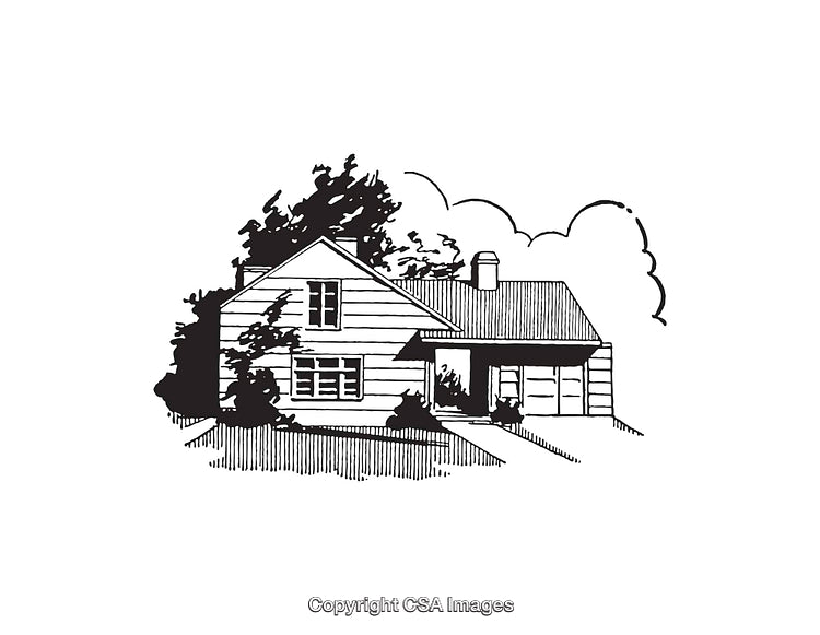 Black and White Illustration of a Charming Residential House with Garage