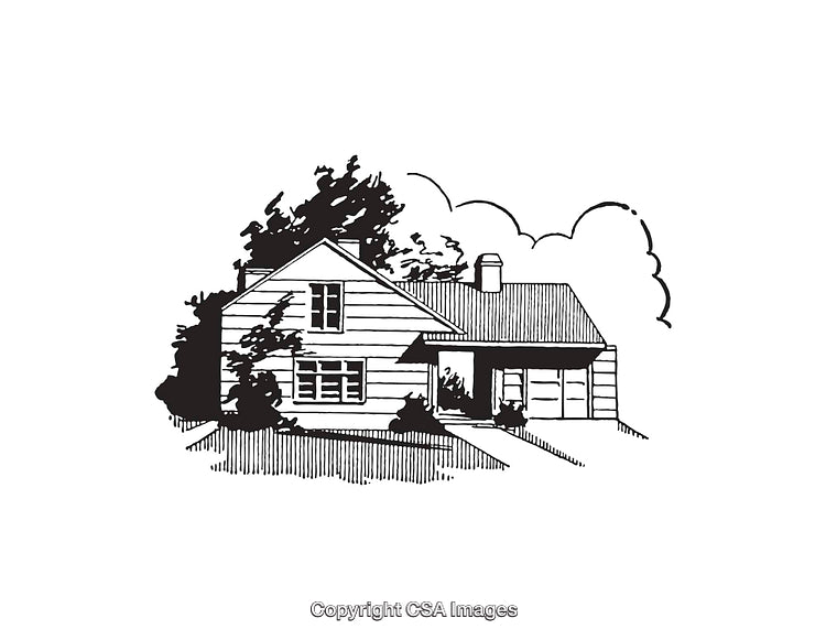 Black and White Illustration of a Charming Residential House with Garage