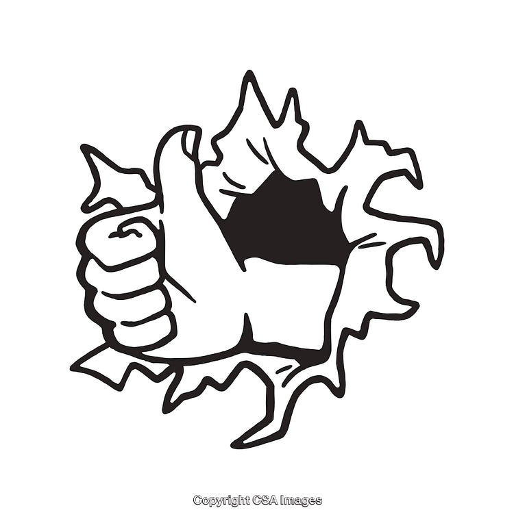 Black and White Line Illustration of Thumbs Up Breaking Through a Wall