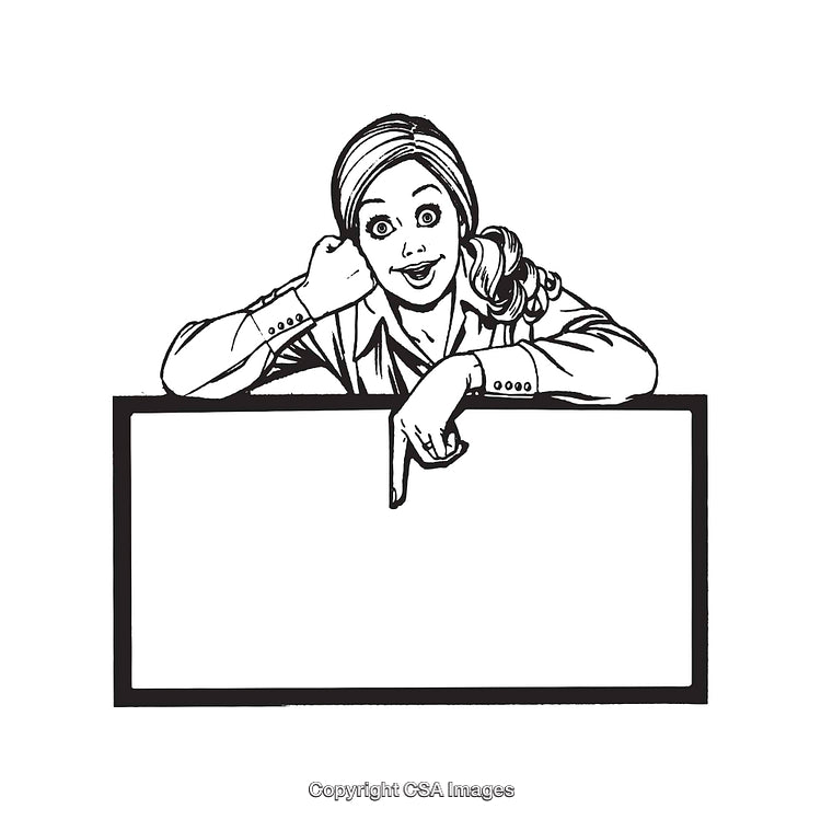 Black and White Line Art Woman Pointing at Blank Signboard
