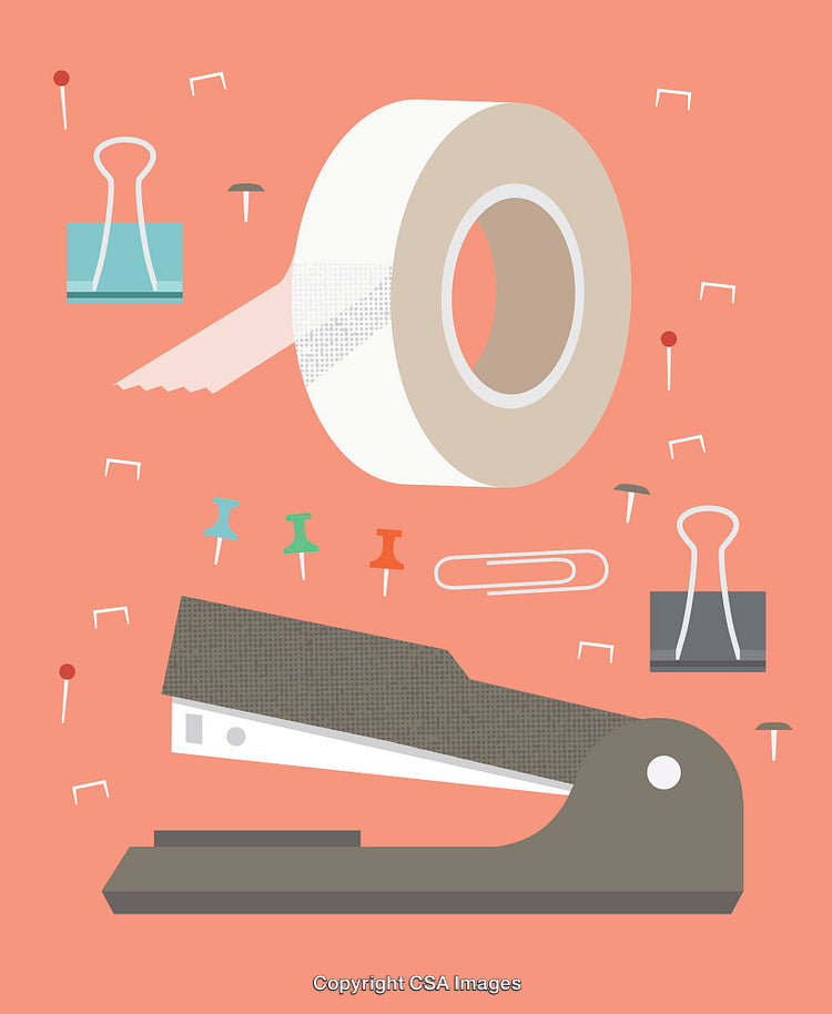 Colorful Illustration of Office Supplies on a Coral Background