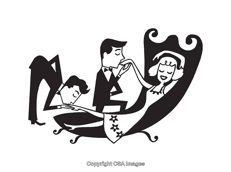Retro Line Art Illustration of Romantic Interaction in Vintage Style