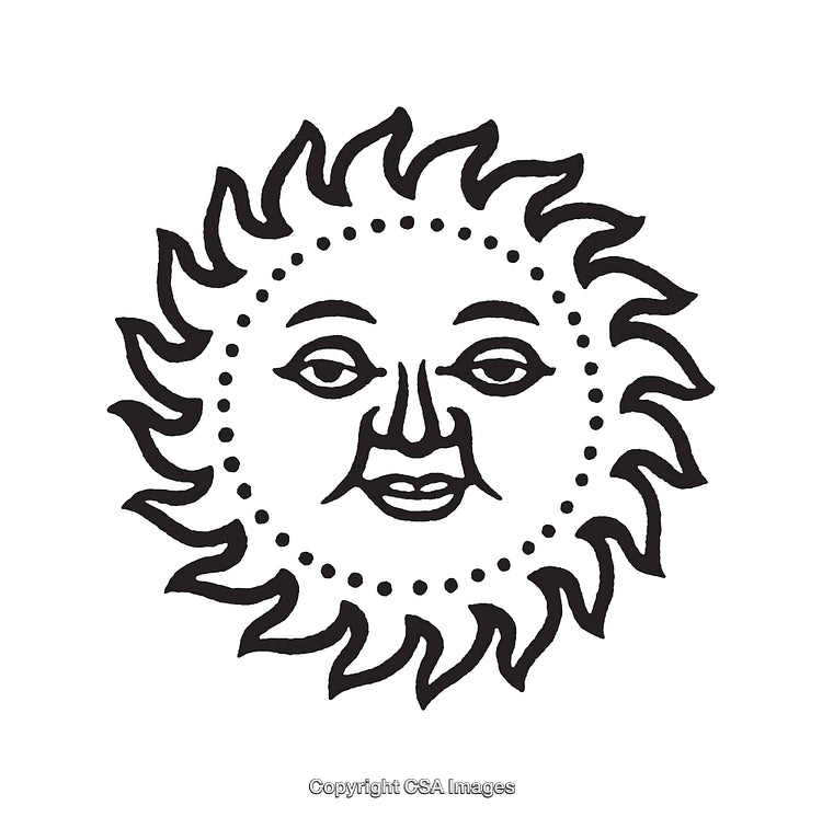 Black and White Sun with Face Line Art Illustration