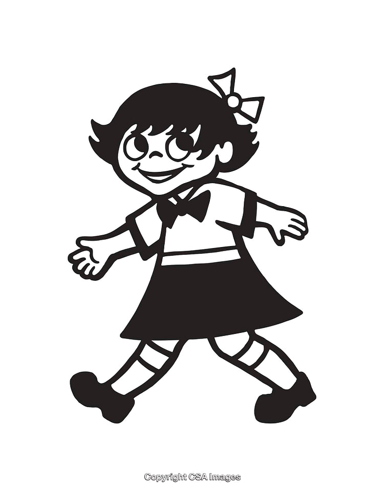 Black and White Cartoon Girl Drawing in Cheerful Pose