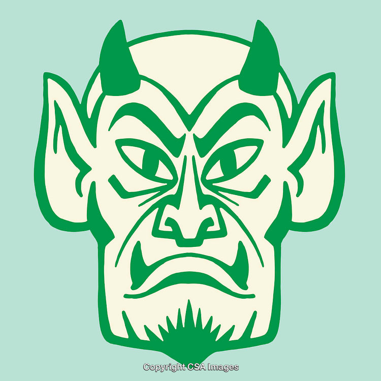 Green Line Art Illustration of a Mythical Devil Face on Light Blue