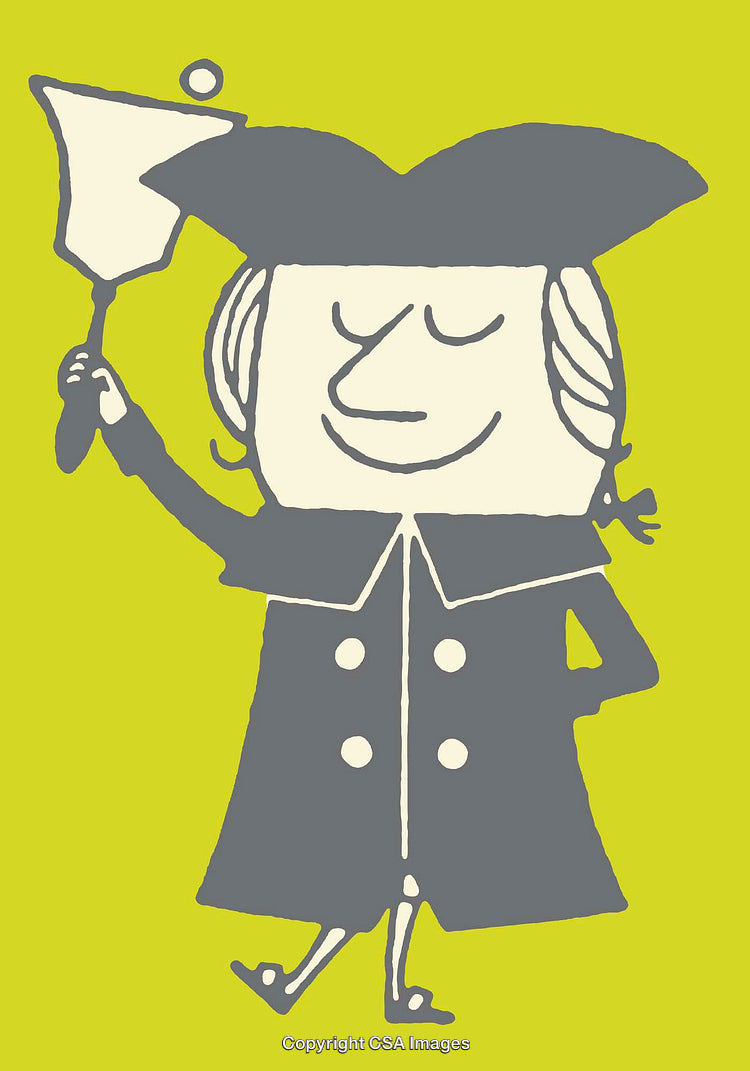 Whimsical Line Art Illustration of a Historically-Themed Character on Green Background