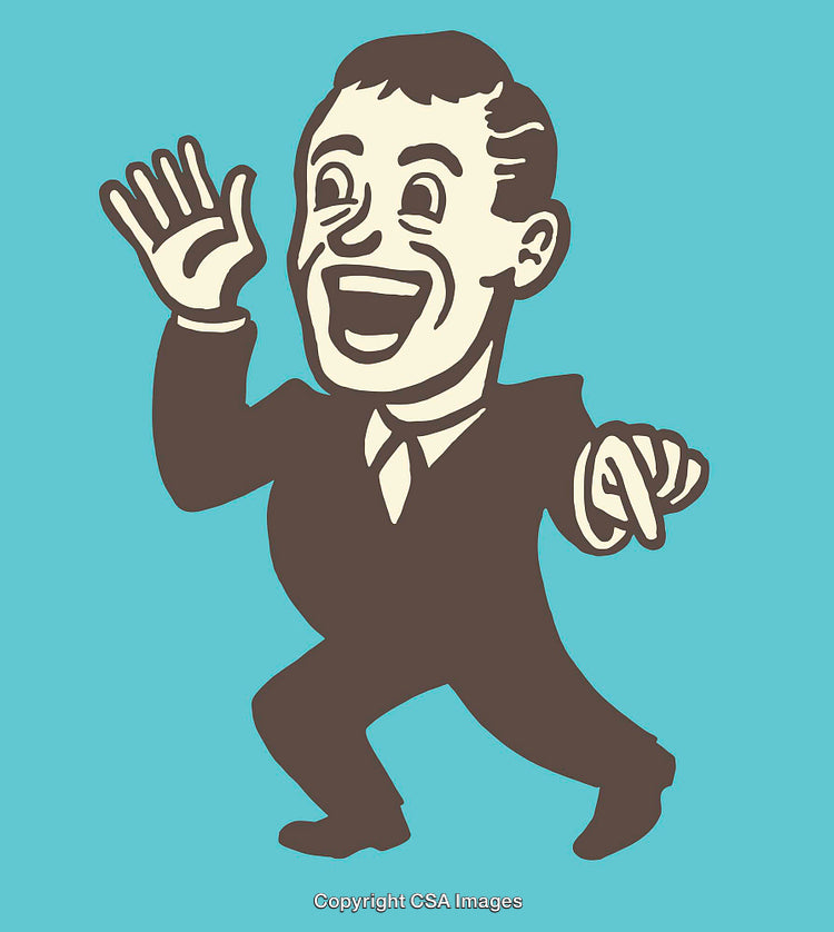 Retro Businessman Enthusiastically Smiling and Pointing in Vintage Style