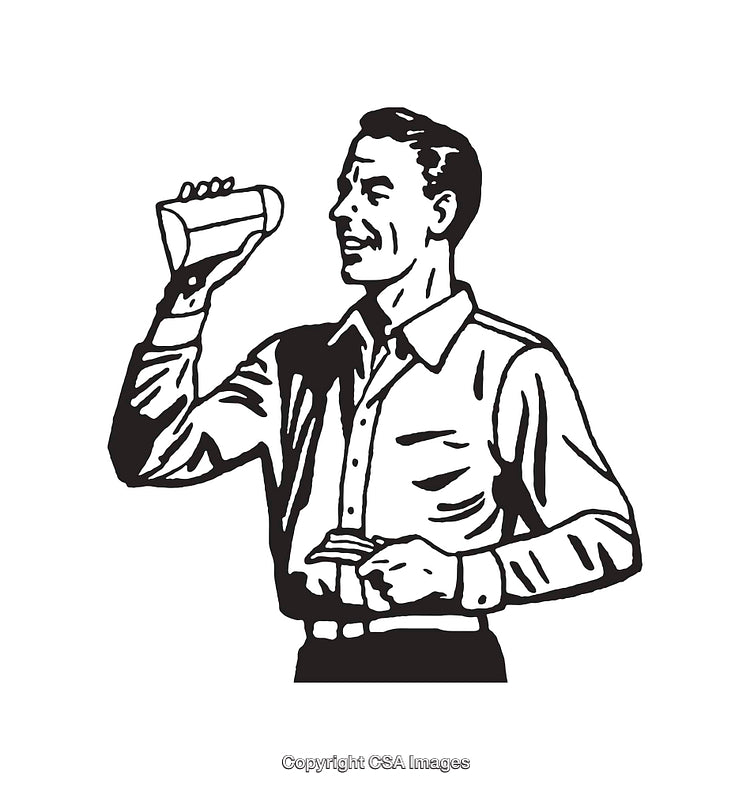 Vintage Line Art of a Man Holding a Bottle and Smiling