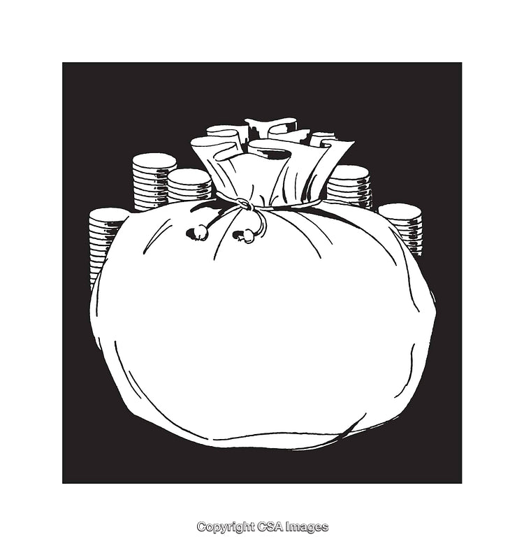 Black and White Illustration of a Money Bag and Stacked Coins