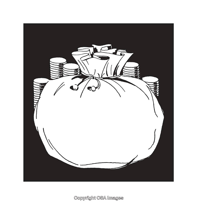 Black and White Illustration of a Money Bag and Stacked Coins