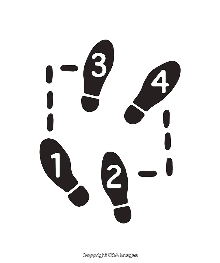 Black and White Dance Step Diagram with Numbered Footprint Instructions