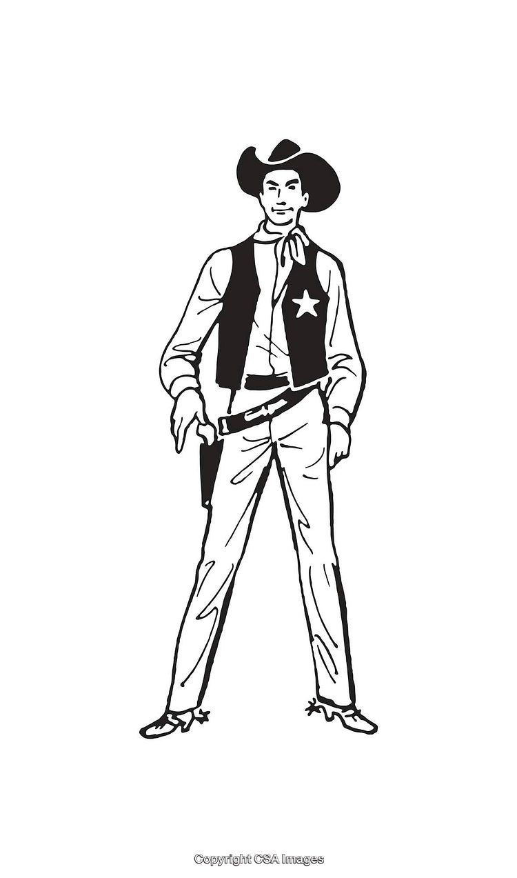 Vintage Black and White Illustration of a Western Sheriff in Cowboy Hat