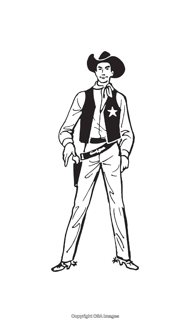 Vintage Black and White Illustration of a Western Sheriff in Cowboy Hat