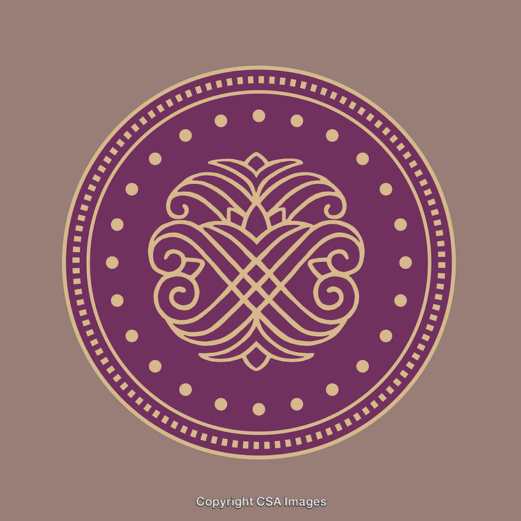 Ornate Circular Emblem with Detailed Floral Pattern in Purple and Gold