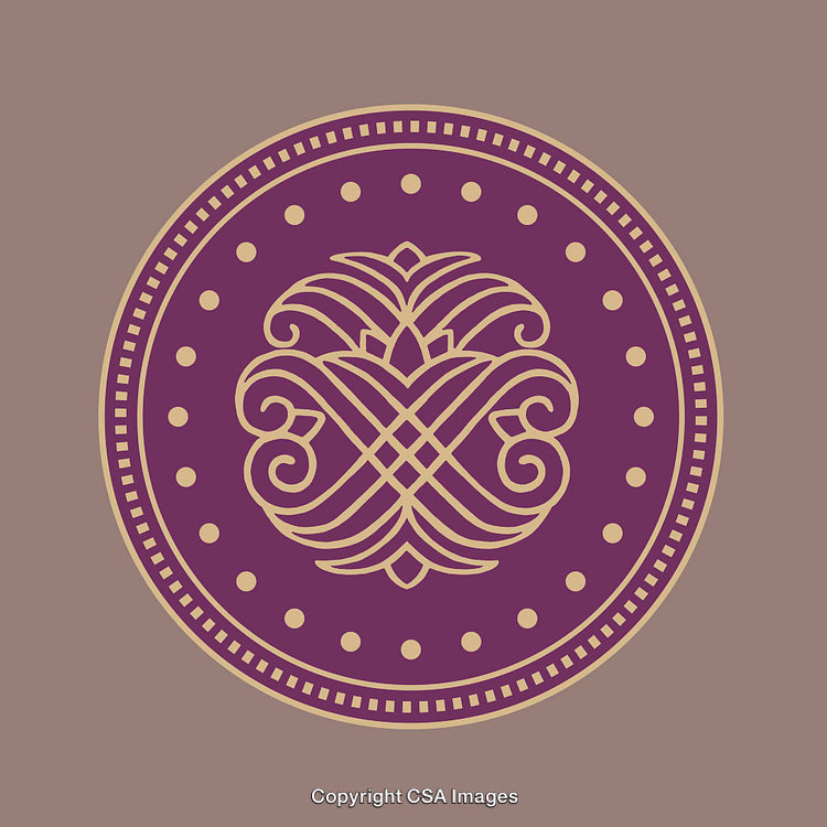Ornate Circular Emblem with Detailed Floral Pattern in Purple and Gold