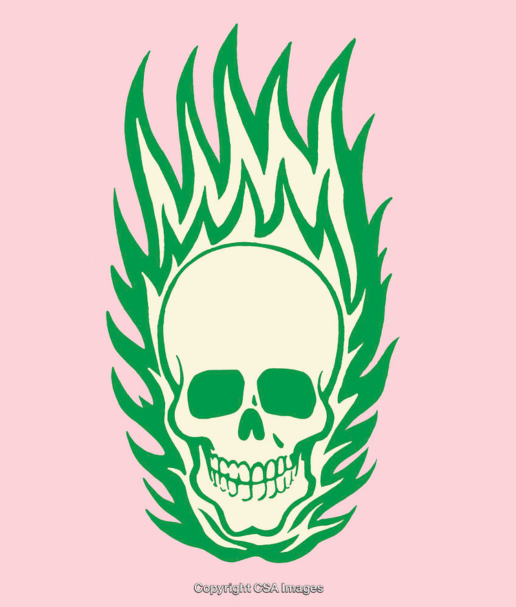 Colorful Flaming Skull Illustration on Pink Background with Graphic Style