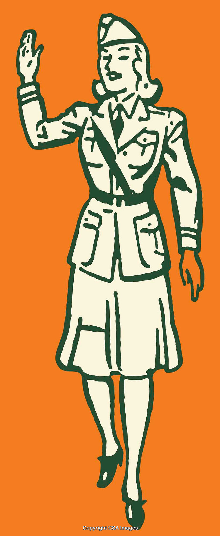 Stylized Vintage Illustration of a Female Military Officer On Orange Background