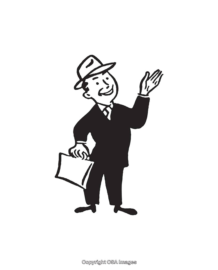 Black and White Illustration of a Smiling Businessman Waving With Briefcase
