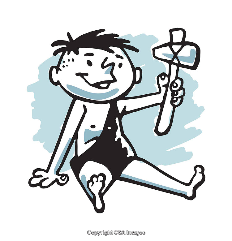 Playful Caveman Illustration Holding a Primitive Tool in a Cartoon Style