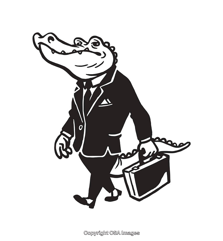 Humorous Line Art of Alligator in Suit Carrying a Briefcase