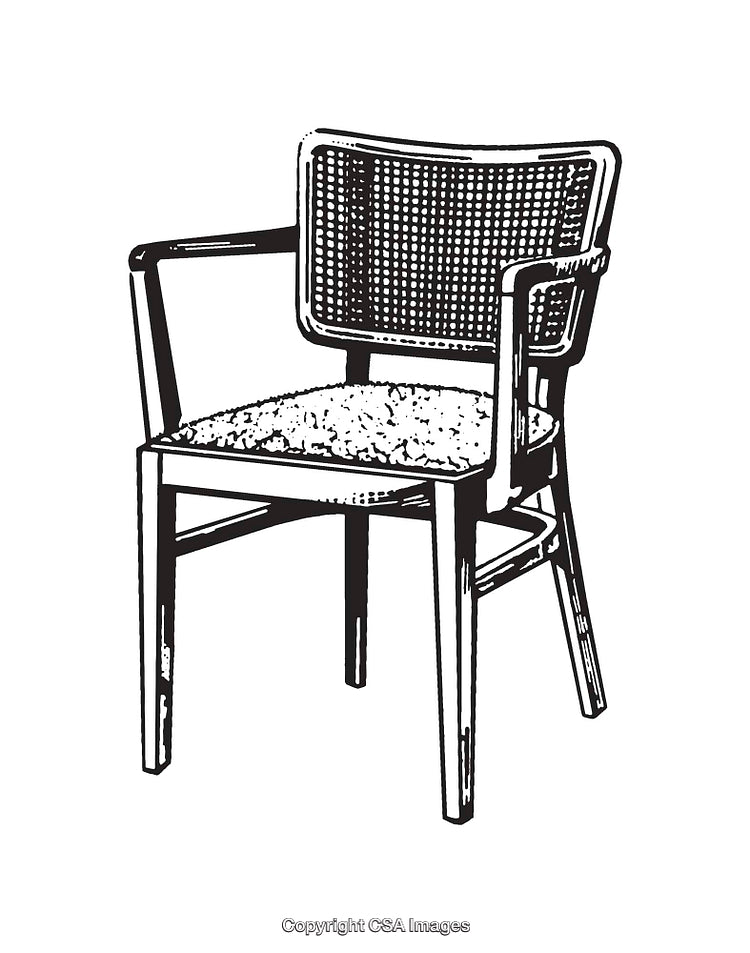 Black and White Illustration of a Classic Wooden Chair with Woven Backrest