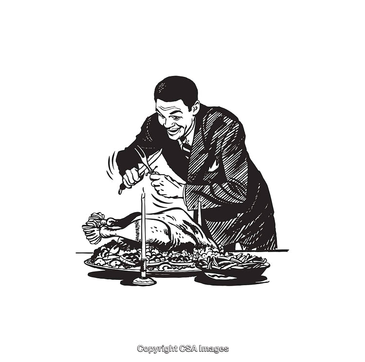 Man Carving Thanksgiving Turkey in Retro Black and White Line Art Style