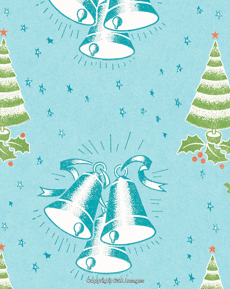 Vintage Holiday Pattern with Bells, Stars, and Christmas Tree Elements