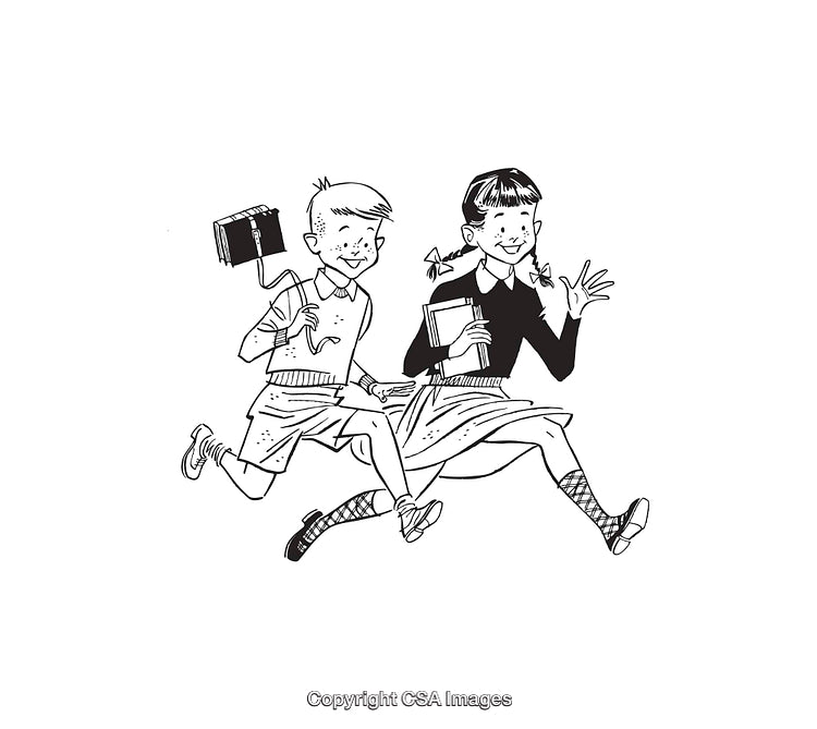 Vintage Black and White Illustration of Children Joyfully Running Together