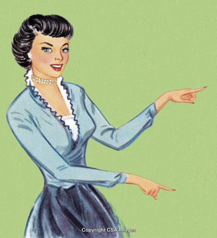 Vintage Illustration of a Woman Smiling and Pointing on a Green Background