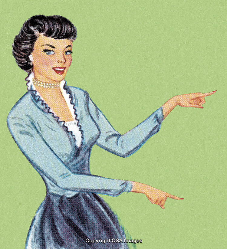 Vintage Illustration of a Woman Smiling and Pointing on a Green Background