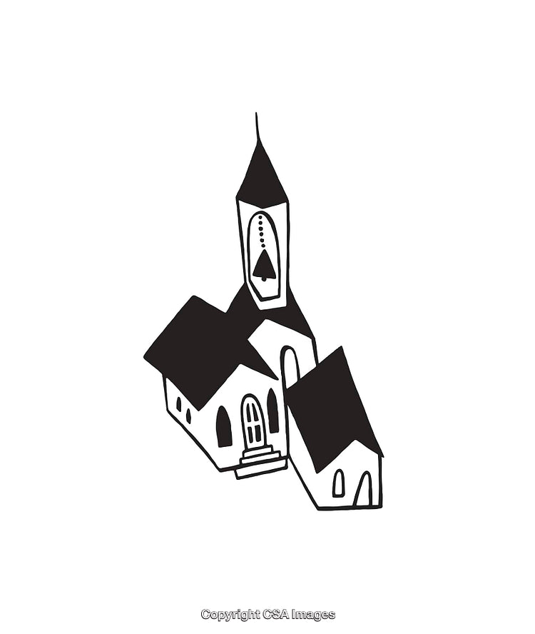 Black And White Illustration of a Church Building with Steeple