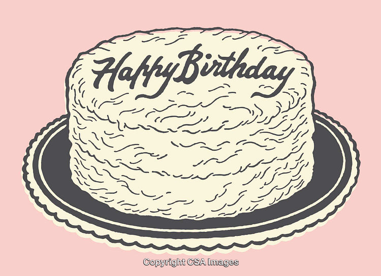 Illustrated Vintage Birthday Cake with Pink Background and Handwritten Text