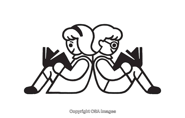 Black and White Line Art Illustration of Two Children Reading Books