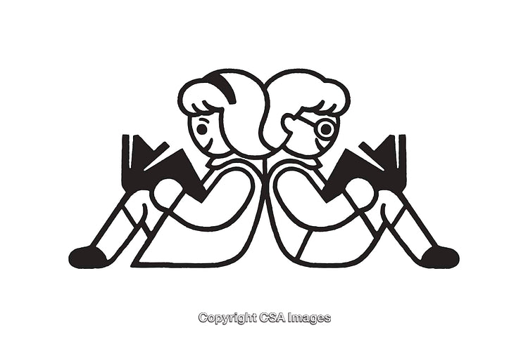 Black and White Line Art Illustration of Two Children Reading Books
