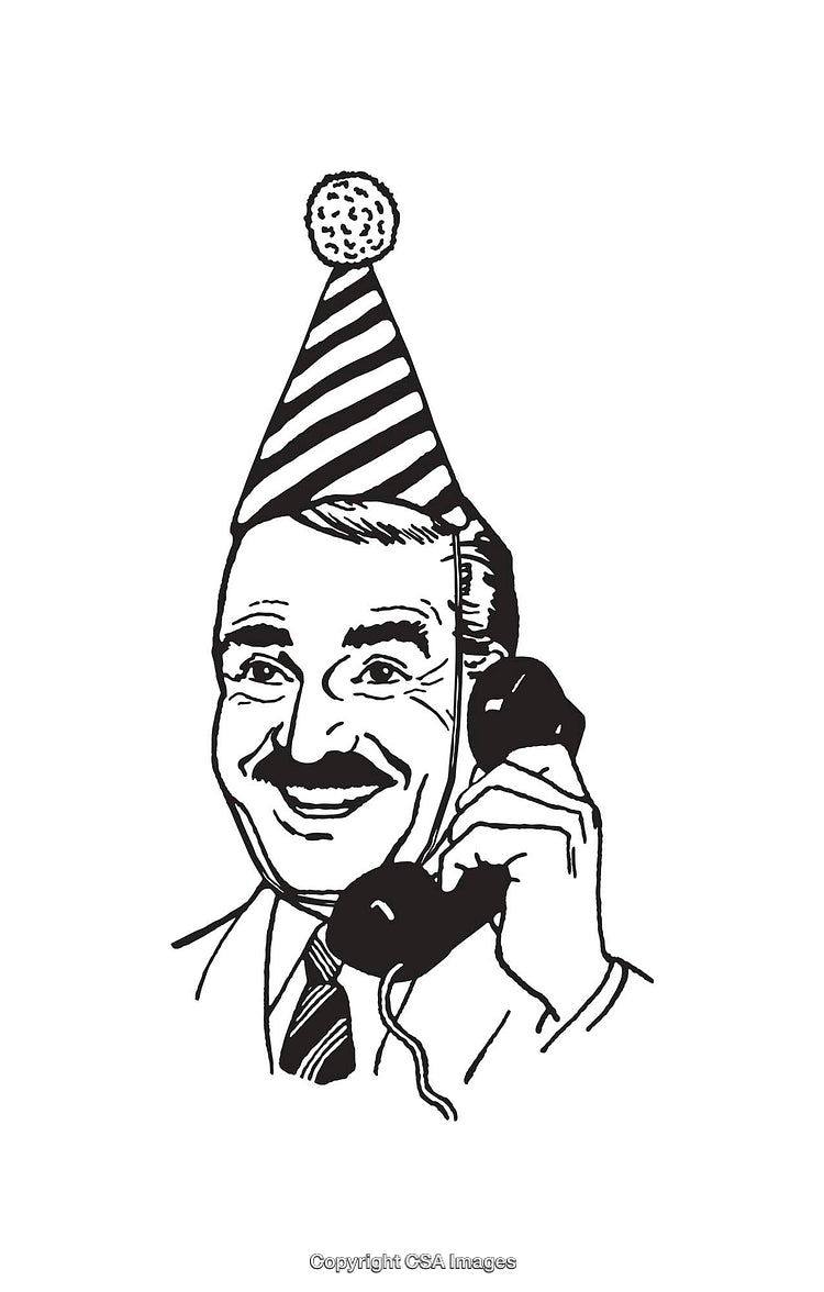 Vintage Illustration of a Smiling Man in Party Hat Using a Telephone