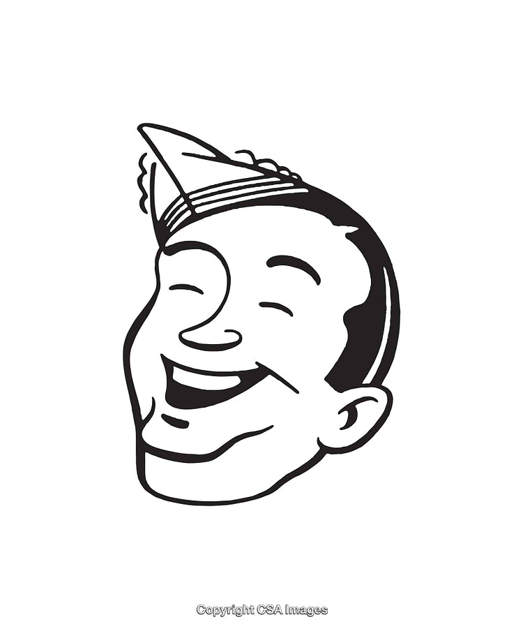 Black and White Line Art of Laughing Person Wearing a Party Hat