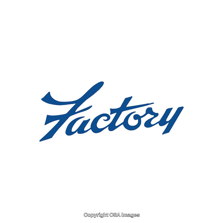 Blue Artistic Script Text Displaying the Word Factory on White Background
