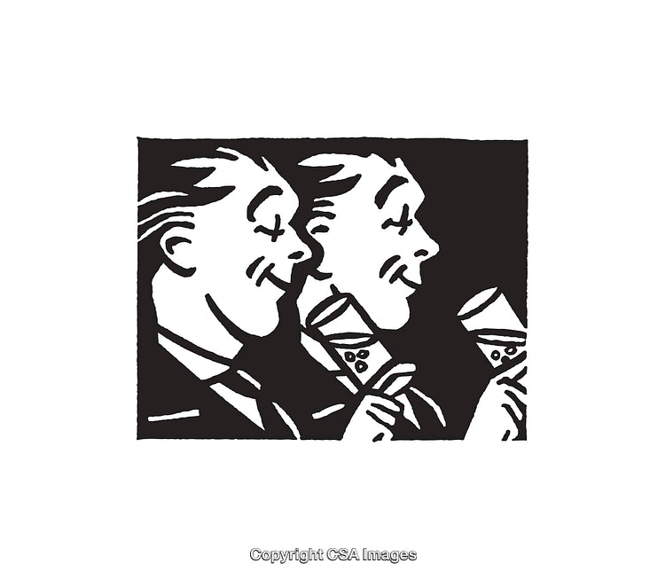 Stylish Black And White Illustration Featuring Two Smiling Figures With Drinks