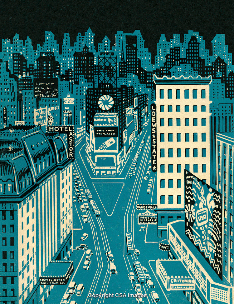 Vintage Illustration of Bustling New York City Urban Street Scene