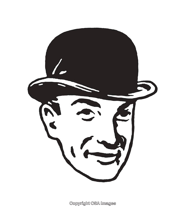 Vintage Line Art Illustration of a Man Wearing a Bowler Hat