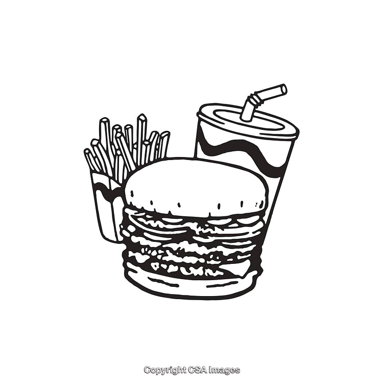 Black and White Line Art of Burger, Fries, and Soda Combo