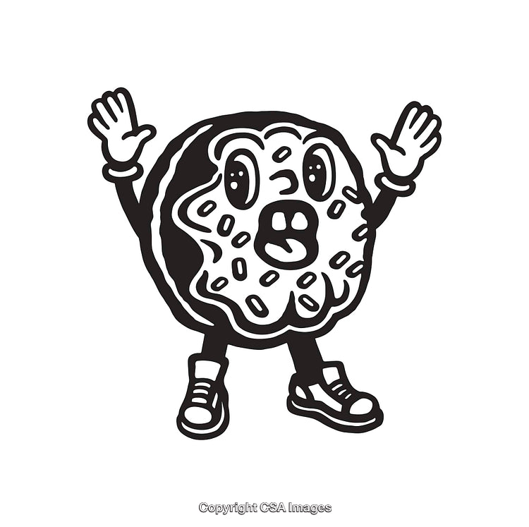 Black and White Cartoon Illustration of Doughnut Character in Comedic Pose