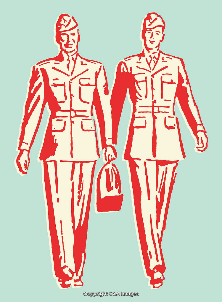 Colorful Illustration of Two Soldiers Marching Together in Uniform