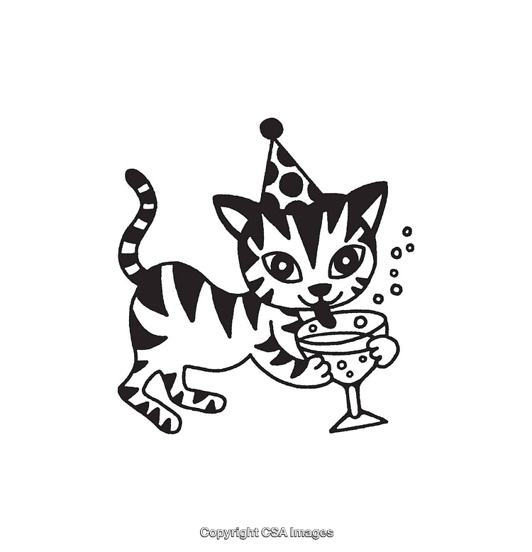 Black and White Illustration of a Festive Cat in Party Hat