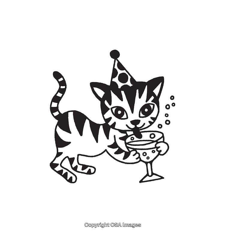 Black and White Illustration of a Festive Cat in Party Hat