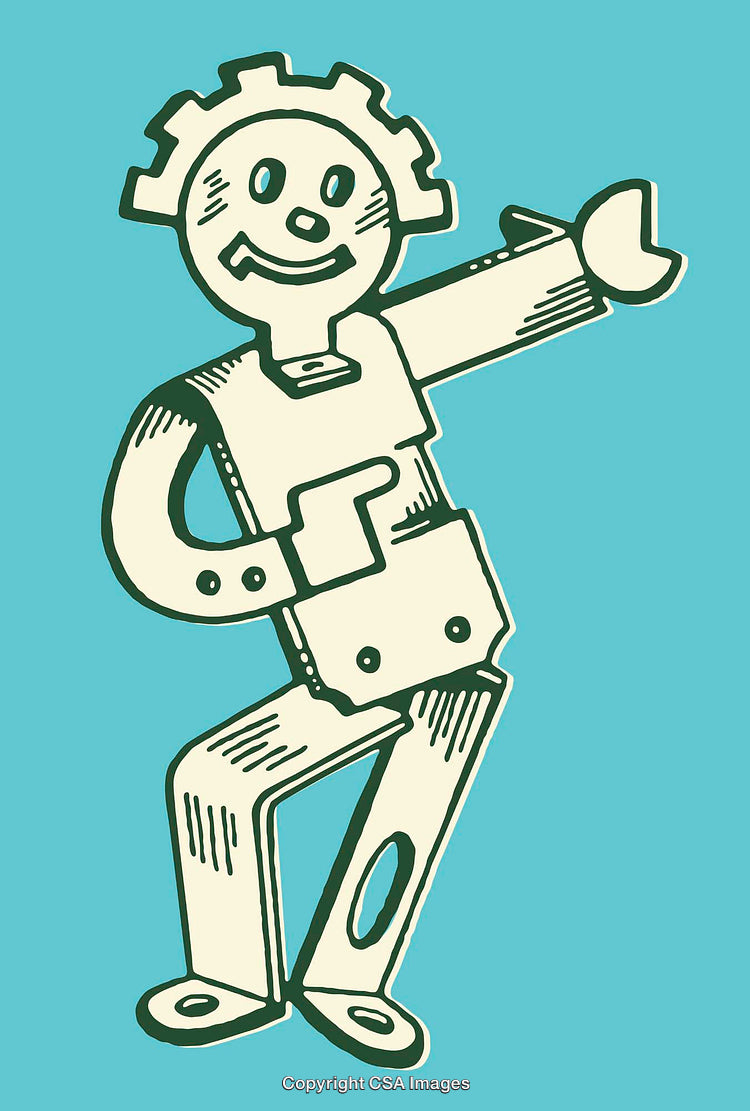 Whimsical Robot Character Illustration in Bold Line Art on Aqua Background