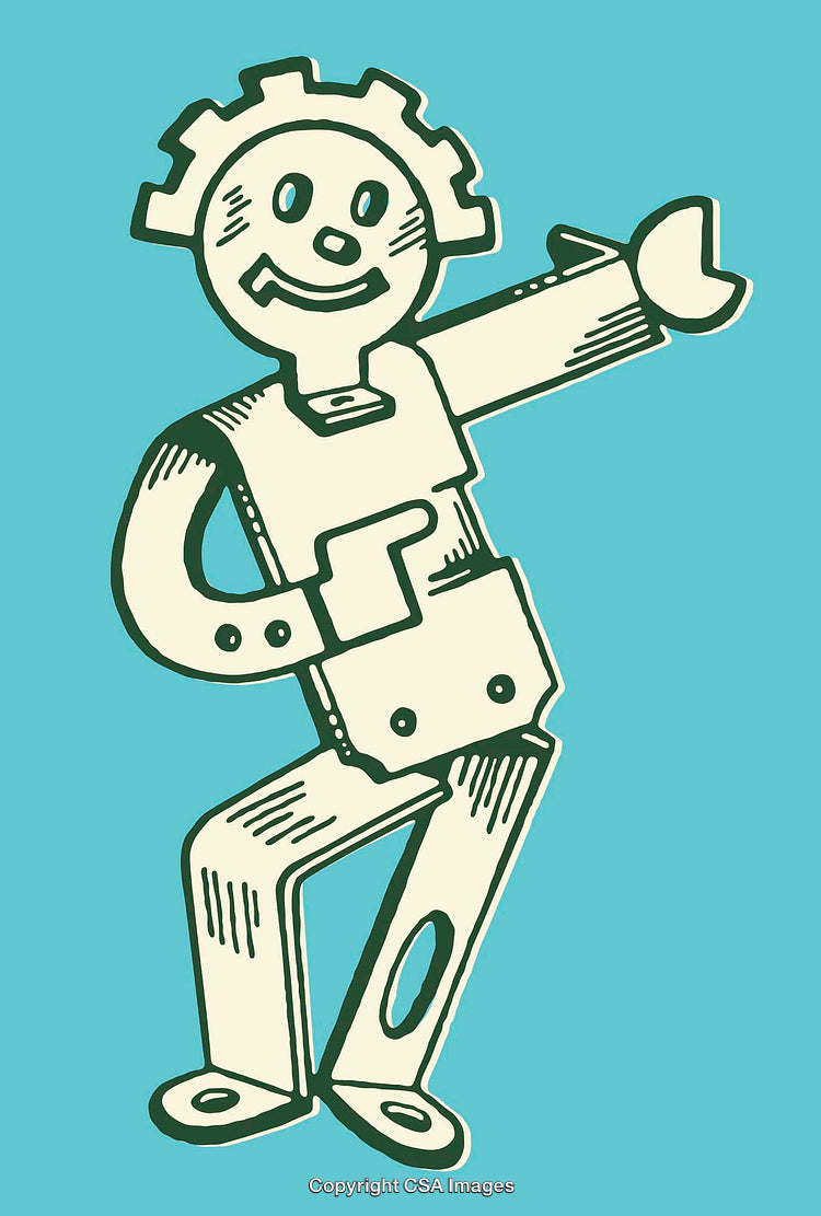 Whimsical Robot Character Illustration in Bold Line Art on Aqua Background