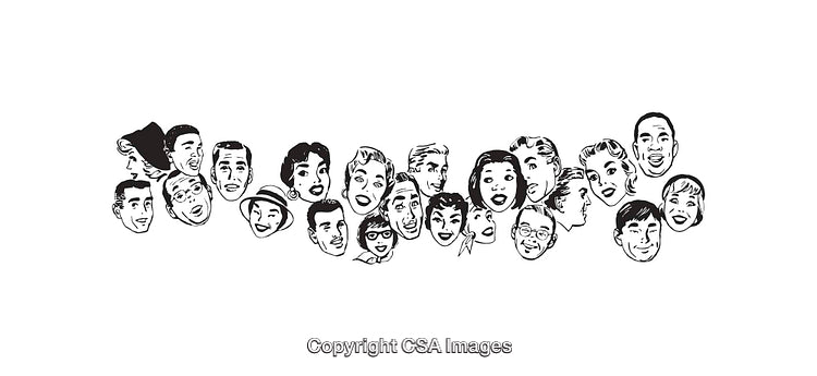 Collection of Black and White Retro-Style Line Art Faces Illustrations