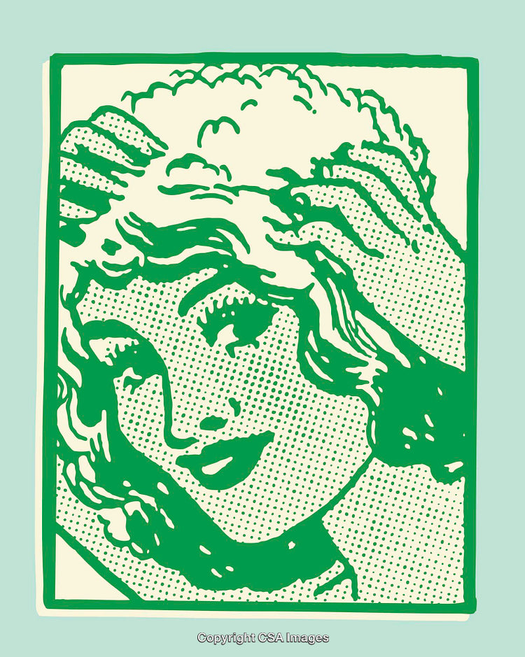 Green and Cream Line Art of Vintage Smiling Person with Wavy Hair