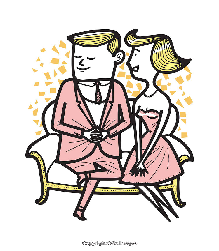Retro Styled Cartoon Couple Sitting on a Bench with Smiling Expressions